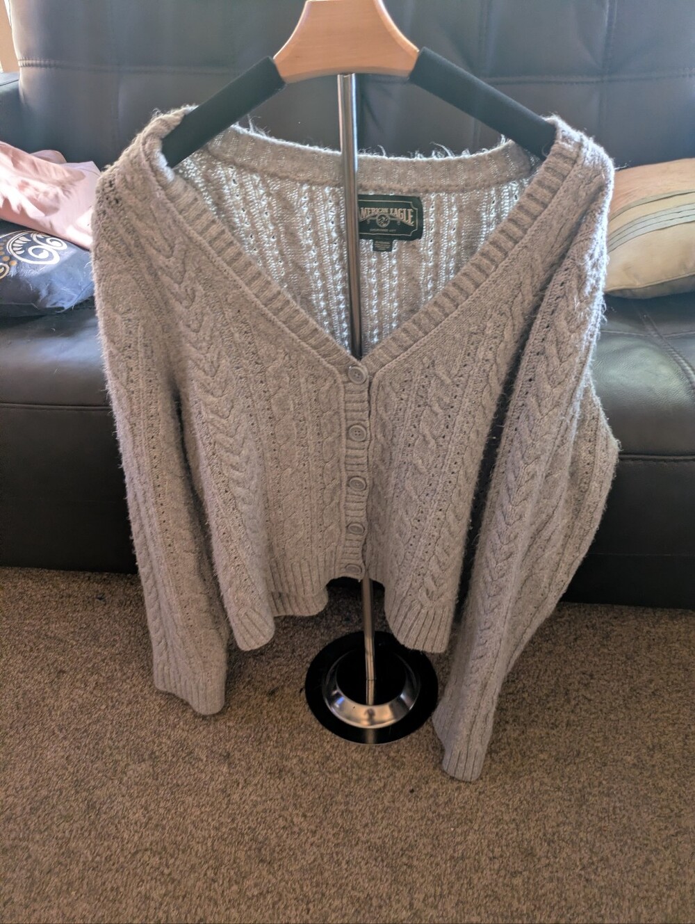 American Eagle Light Gray Cable Knit V-Neck Button Cardigan